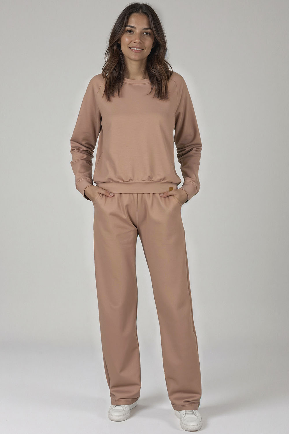 Vivisence Loungewear Damen Trainingsanzug Set Lockerer Schnitt Rundhals Freizeitanzug Mit Taschen 9205, Beige