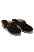 Vivisence Damen Clogs aus Wildleder, Holzsohle, geschlossen mit Schnalle, bequem für Alltag und Büro, schwarz 