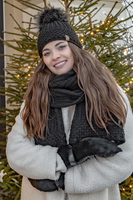 Vivisence Bonnet Et Écharpe Femme Pour L'automne et L'hiver Ensemble En Fil Chaud Avec Doublure En Polaire Anti-Statique Et Pompon En Fausse Fourrure Parfait Pour Les Froids Jours 7016Kmpl, noir