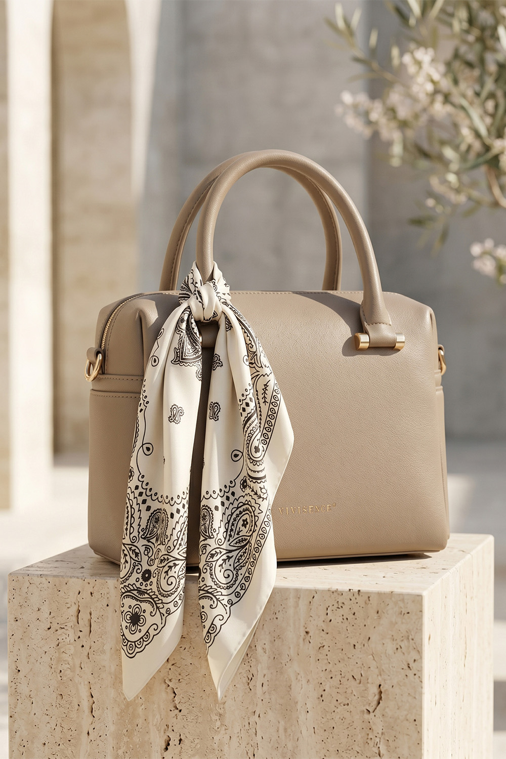 Vivisence Carré de Soie Femme 65 x 65 cm, Foulard en Soie Naturelle 14 Momme, Bords Roulés à la Main, Motif Paisley Beige/Noir, Beige/Noir