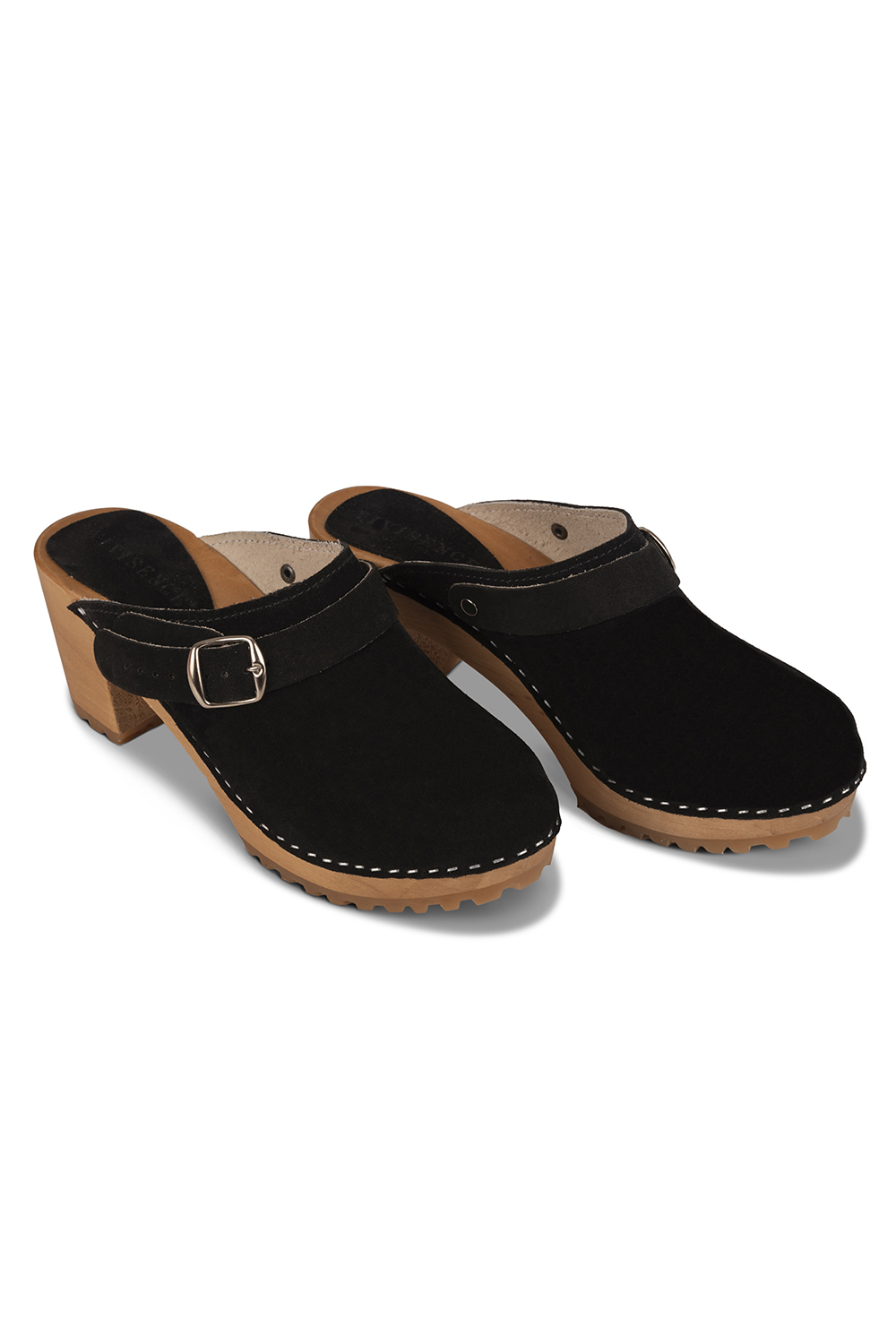 Vivisence Women’s Suede Clogs, Wooden Sole, Closed Toe Slip On Shoes with Buckle, Comfortable Wear, black