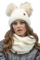 Vivisence Women's Winter Hat With Two Pom Poms Warm Yarn Antistatic 70106, ecru