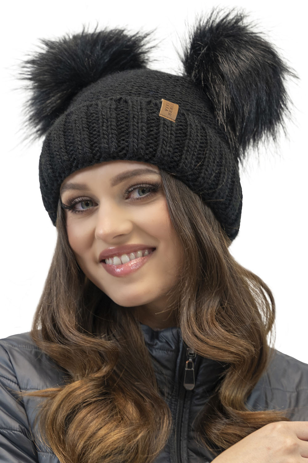 Vivisence Bonnet Femme Hiver Avec Deux Pompons En Fil Chaud Antistatique 70106, noir