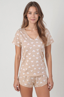 Vivisence Women Pyjama Set V Neck Short Sleeve Cotton Jersey Comfort Sleep, light beige