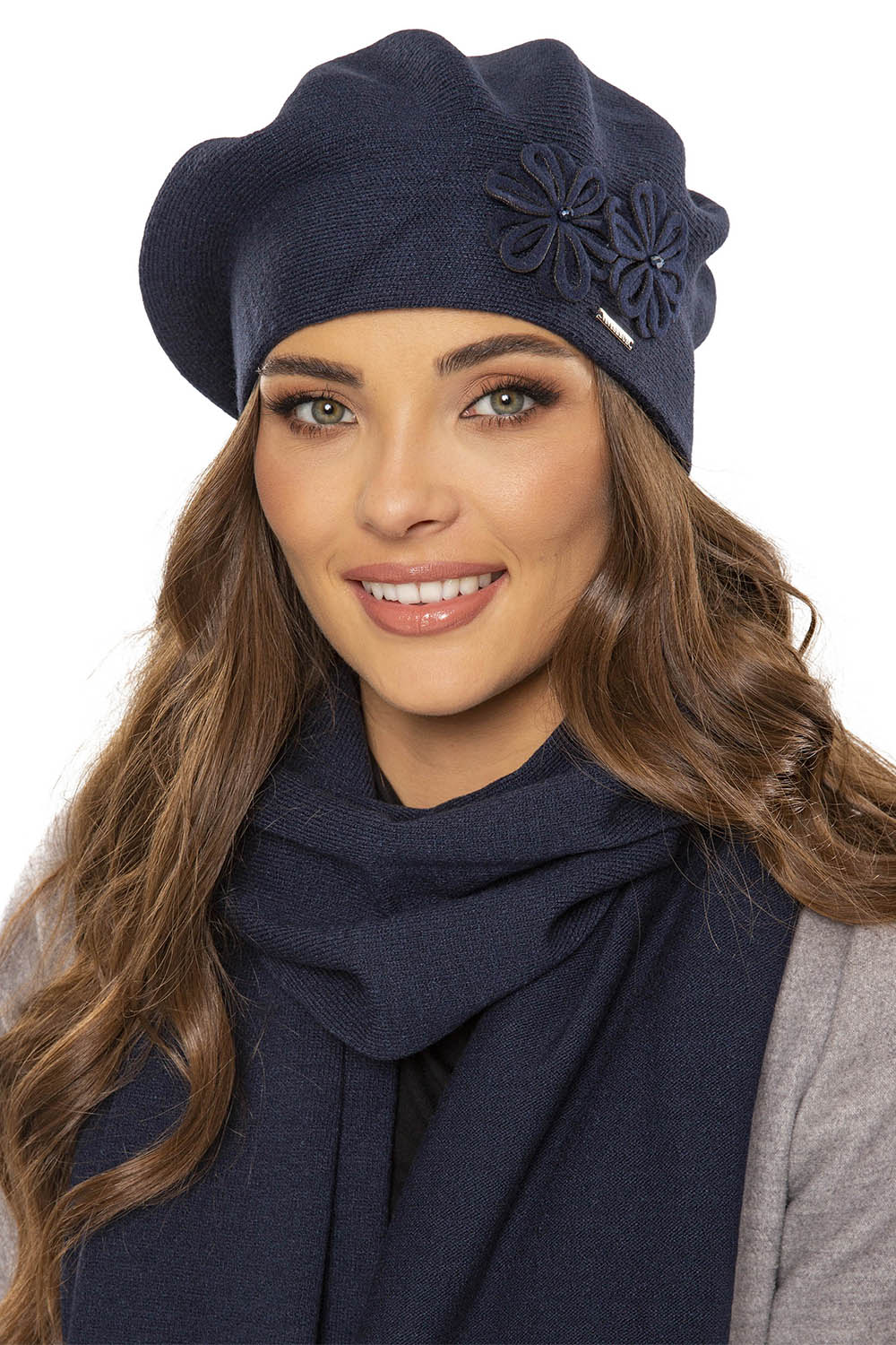 Vivisence Elegant Women's Winter Set Beret And Scarf With Classic Design And Floral Decoration Made Of Warm And Soft Fabric With Wool Blend Ideal For Cold Winter Days, Dark Blue
