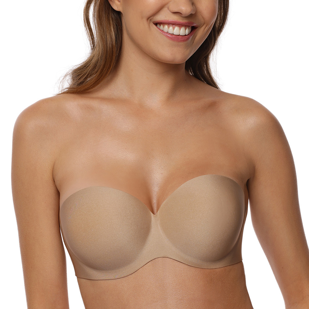 VIVISENCE Traegerloser BH Damen Rueckenfrei Nahtlos Mit Geformten Cups Komfortabler Halt Fuer Schulterfreie Kleider, Beige