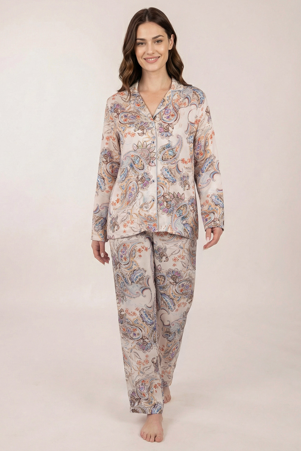 Vivisence Womens Pajama Set Viscose Long Sleeve Button Front For All Night Comfort, ecru patterned