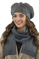 Vivisence Elegant Women's Winter Set Including Classic Beret With Floral Decoration And Matching Long Warm Wool Scarf Ideal For Cold Winter And Autumn Days, dark grey