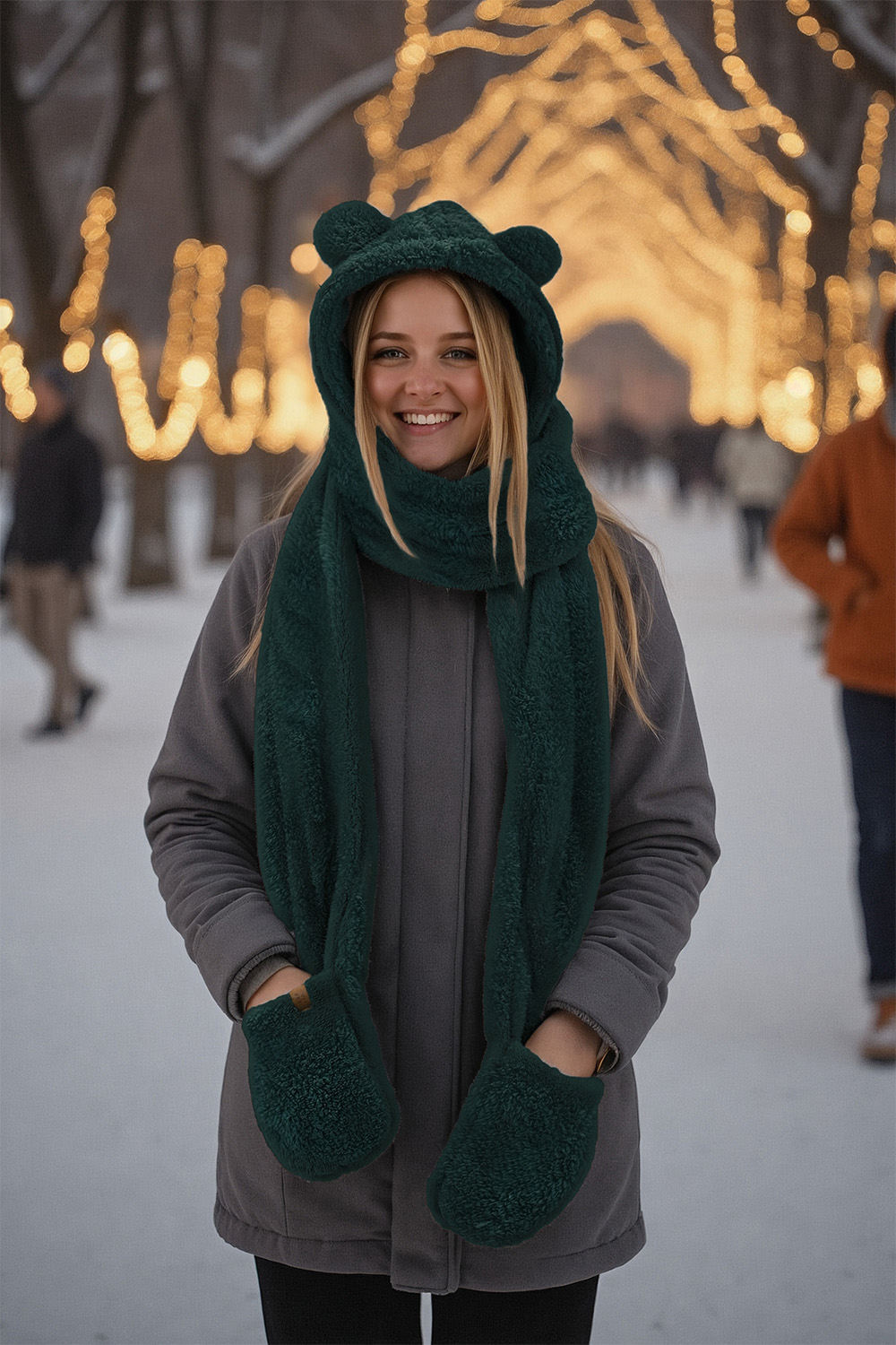 Vivisence Women Winter Hood Scarf With Mittens Soft Polyester Cozy Warmth, bottle green