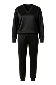 Vivisence Women Tracksuit Cotton Set Ribbed Waistband Casual Loungewear 9202, Black