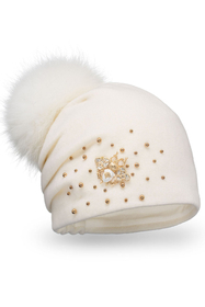 Vivisence Women's Pom Pom Hat Wool Handcrafted Virgin Wool 7079, ecru