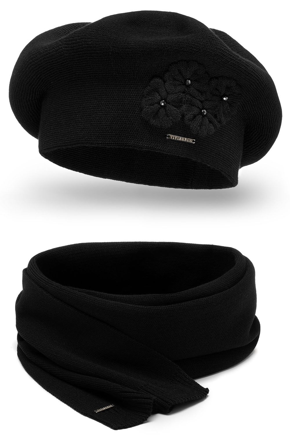 Vivisence Damen Mütze mit Schal Mit Blume Applikation Wärme An Wintertagen 7006, schwarz
