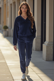 Vivisence Women Sweatshirt Velour V Neck Long Sleeve Lounge Casual 9002, dark blue