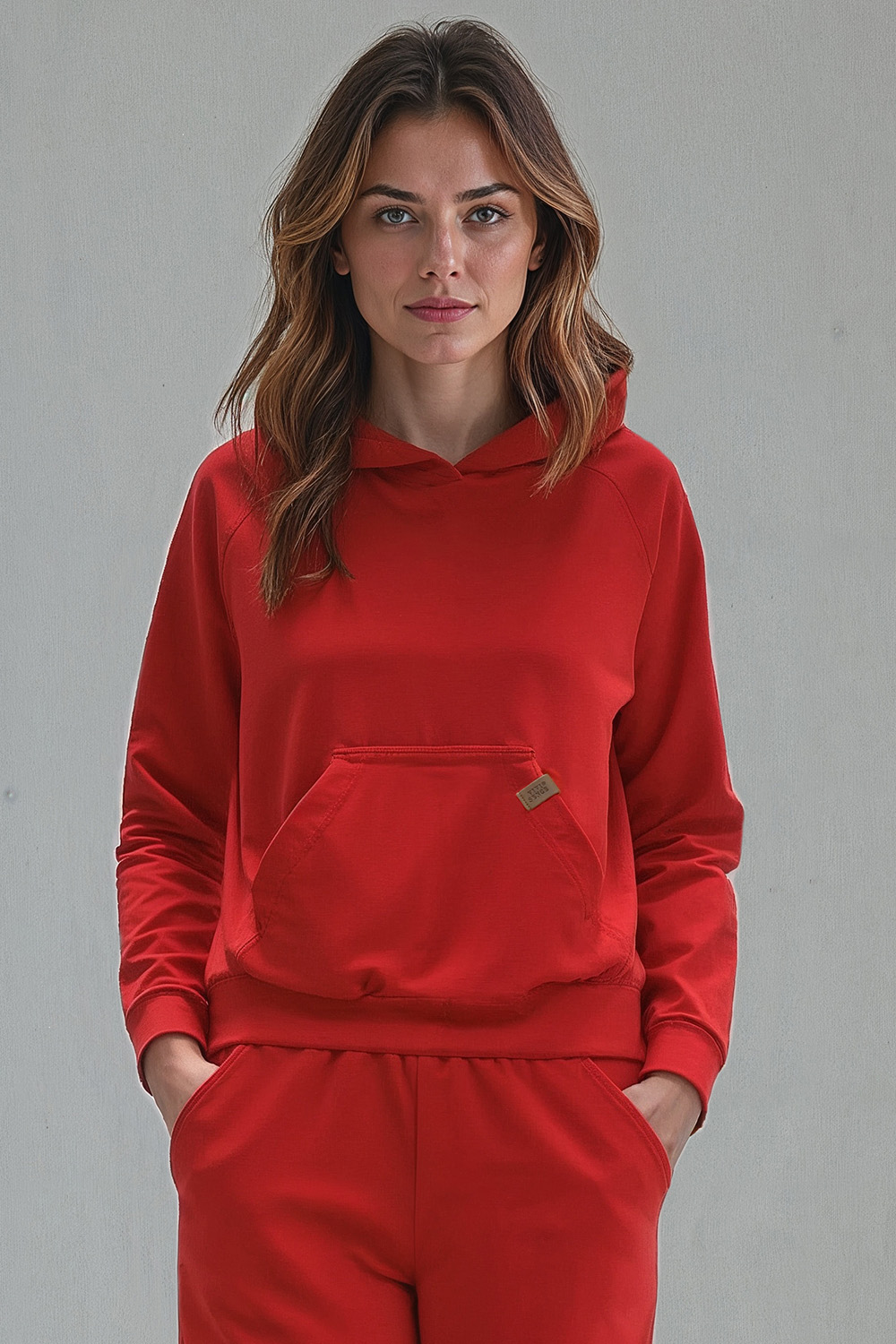 Vivisence Women Hoodie Sweatshirt Cotton Hood Pocket Casual Sportswear, red