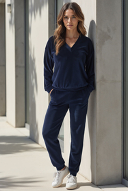 Vivisence Damen Trainingsanzug-Set Baumwolle Konische Hosen Ideal Für Komfort Im Alltag 9202, dunkelblau