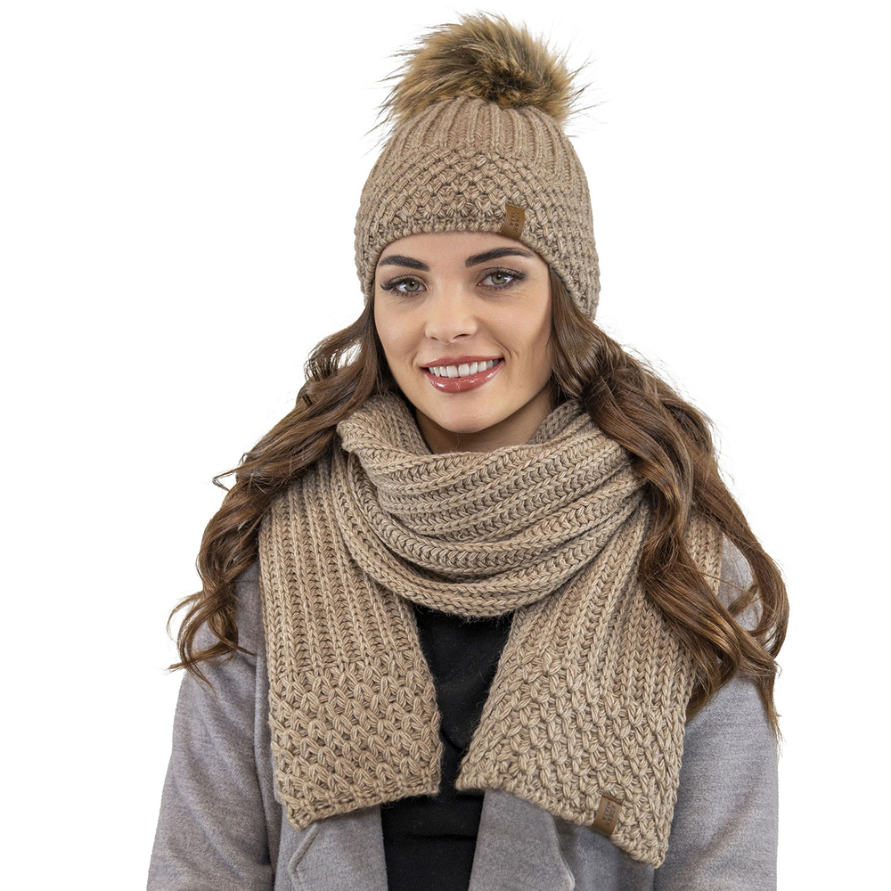 Vivisence Damen Mütze mit Schal Set Mit Fleecefutter Wärme An Wintertagen 7016, beige