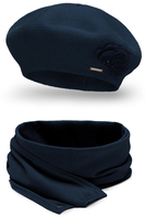 Vivisence Ensemble Béret Et Écharpe Pour Femme Automne et Hiver En Laine Style Classique Élégant Avec Application Florale Idéal Pour Les Froides Journées Cadeau Parfait 7036Kmpl, bleu foncé