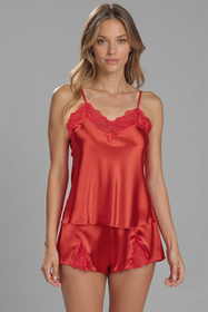 Vivisence Pyjama Femme Satin 2 Pièces Dentelle Bretelles Fines Confort Nuit 2037, rouge