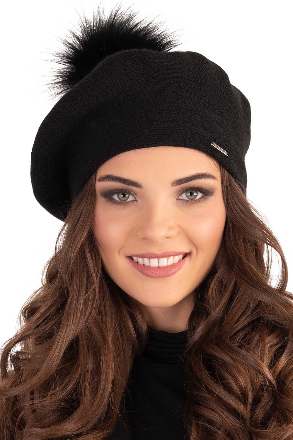 Vivisence Béret Femme Pour L'automne et L'hiver Avec Pompon En Fausse Fourrure Tricoté En Laine Acrylique Doux Chaud Et Confortable Idéal Classique Et Élégant 7035, noir