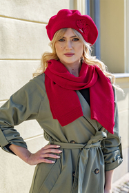 Vivisence Elegant Women's Winter Set Including Classic Beret With Floral Decoration And Matching Long Warm Wool Scarf Ideal For Cold Winter And Autumn Days, red