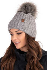 Vivisence Pom Pom Hat For Women Fleece Lined Knitted Winter Style 7015, light grey