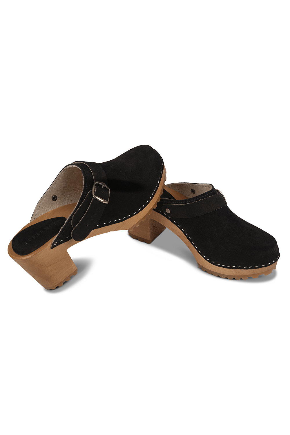 Vivisence Sabots Femme en Cuir Suédé, Semelle en Bois, Bout Fermé, Bride à Boucle Réglable, noir
