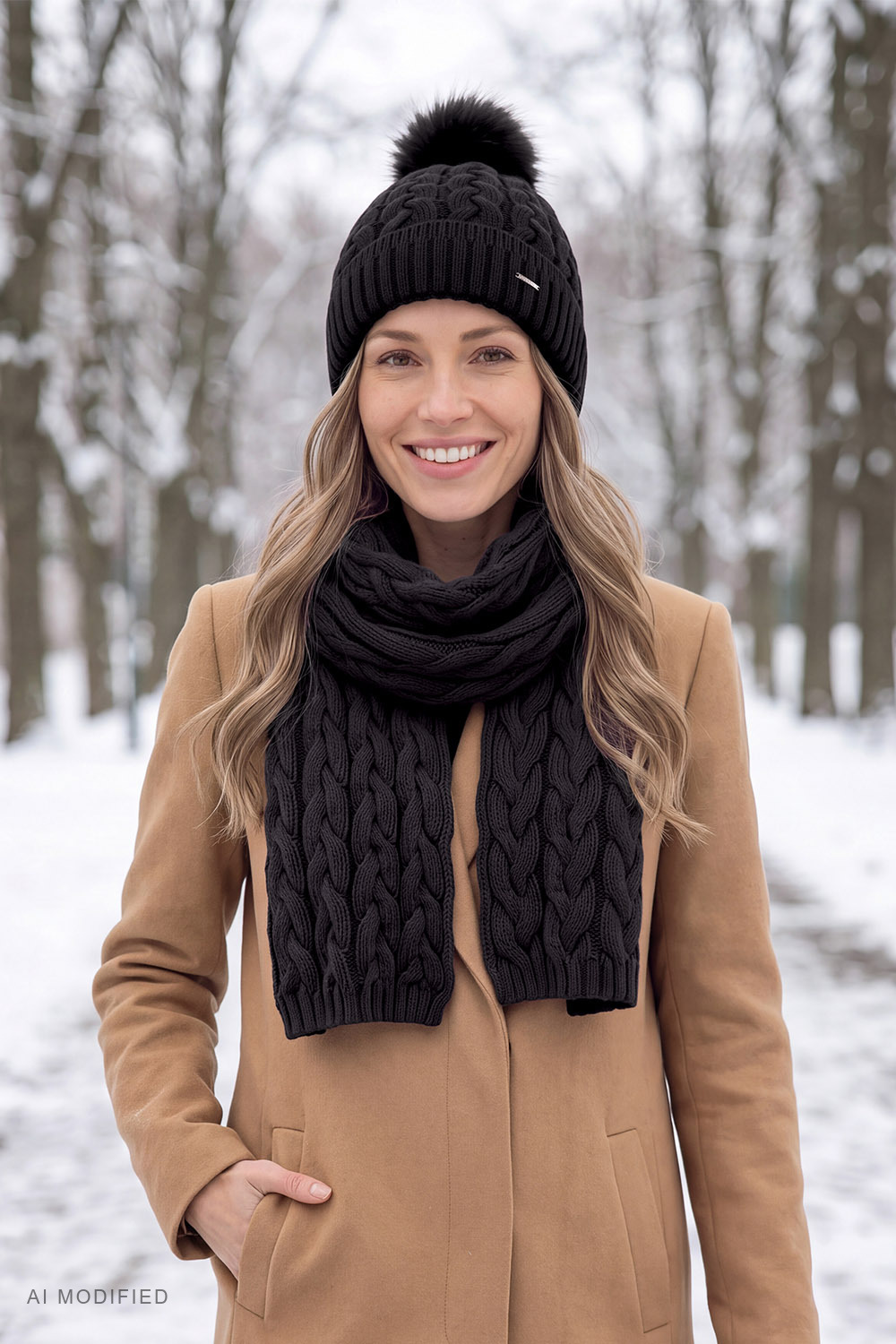 Vivisence Damen Mütze Merinowolle Seide Grobstrick Winter, schwarz