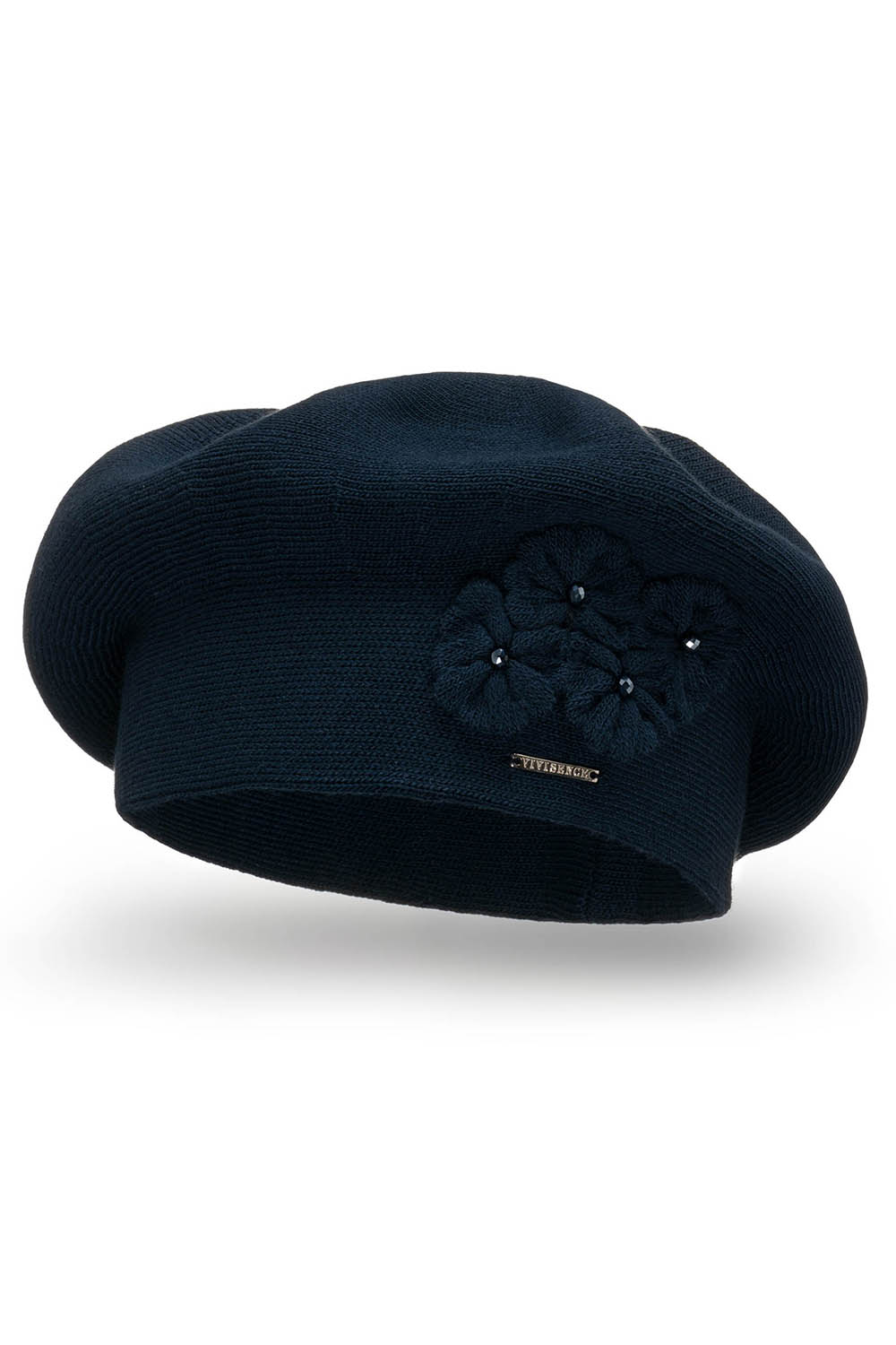 Vivisence Elegant Women's Beret With Flower Warm Autumn Winter Accessory 7006, dark blue