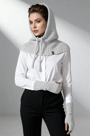 Vivisence Damen Kapuze Und Handstulpen Set Merino Baumwolle Warm für Wintertage, Grau