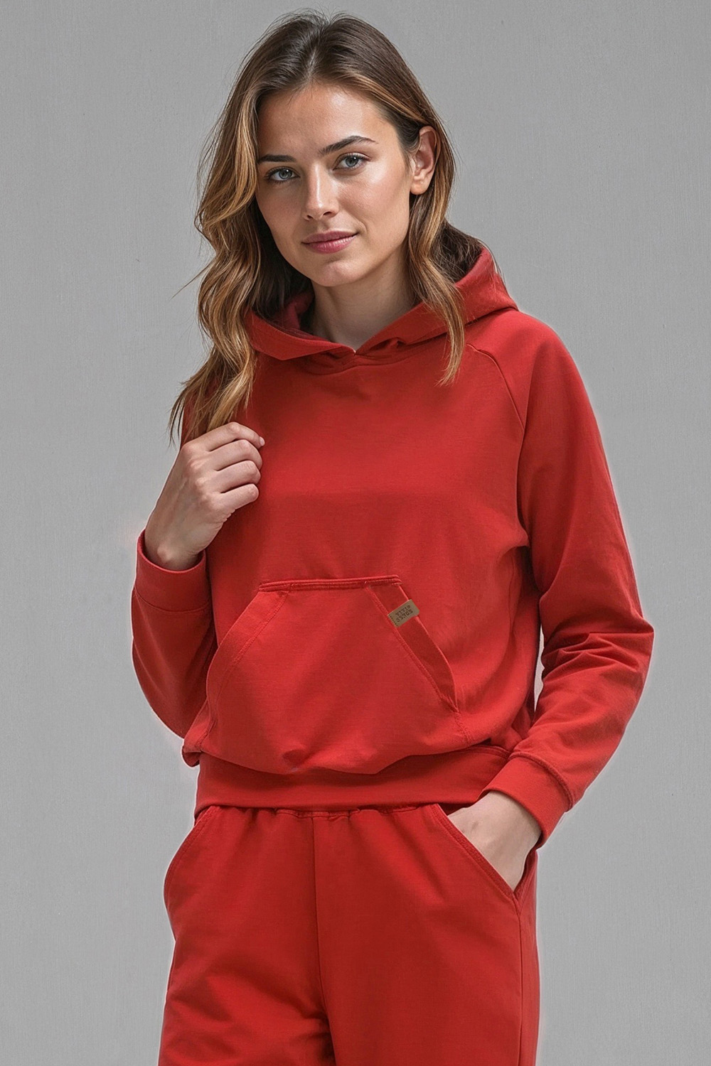 Vivisence Women Hoodie Sweatshirt Cotton Hood Pocket Casual Sportswear 9003, red