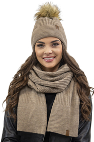 Vivisence Pour Femme Ensemble Bonnet Et Écharpe  Automne et Hiver Modèle Élégant Classique En Acrylique Avec Pompon Doux Cadeau Parfait Pour Les Froids Jours 7042Kmpl, beige