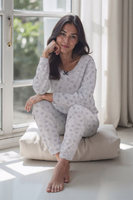 Vivisence Dame Schlafanzug 2-teiliges Set Pyjama Bluse Hose Gemustert Tupfen 2023, Grau