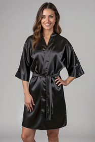 Vivisence Damen Satin Kimono Morgenmantel aus Polyester, eleganter V-Ausschnitt, 3/4 Arm, kurzer Bademantel für Damen als Nachtwäsche, Schwarz