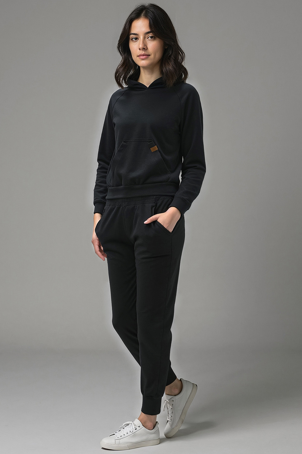 Vivisence Femme Ensemble Survêtement Coton Capuche Poches Confort Quotidien 9203, noir
