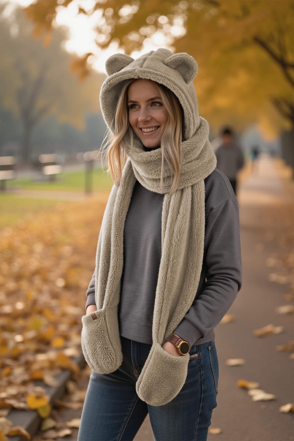 Vivisence Women Winter Hood Scarf With Mittens Soft Polyester Cozy Warmth, beige