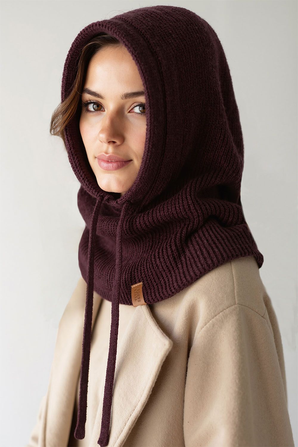 Vivisence Women Winter Hood Soft Cotton Knit Adjustable Drawcord Cozy Warmth, Brown