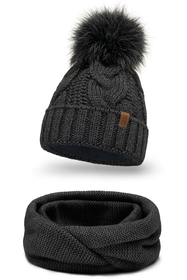 Vivisence Stylish Women's Winter Set Including Pompom Hat And Cozy Snood Scarf Made From Soft And Warm Fabric Smooth Fleece Lining Ideal For Cold Days, dark grey