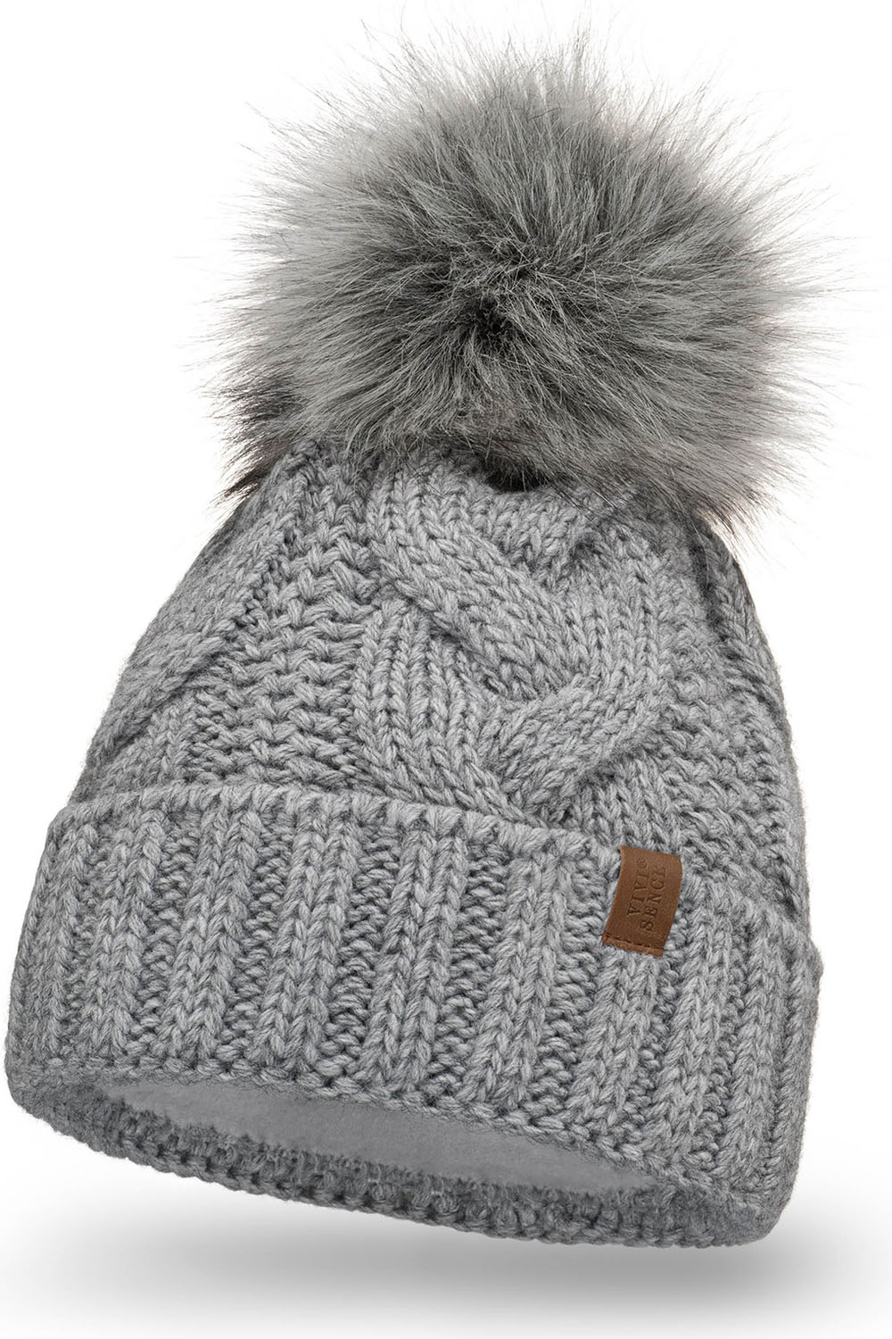 VIVISENCE Wintermütze mit Bommel Damen Warmes Ideal Für Kalte Wintertage 7014, hellgrau