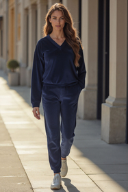 Vivisence Ensemble Survêtement Femme Coton Avec Poches Parfait Confort Quotidien 9202, bleu marine