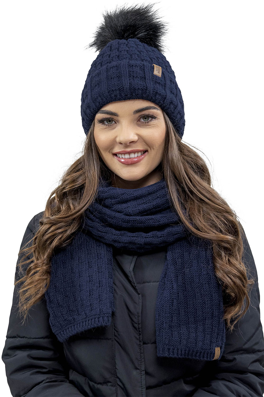 Vivisence Bonnet Femme Avec Pompon Doublé En Polaire Tricoté Pour L’Hiver 7015, bleu foncé