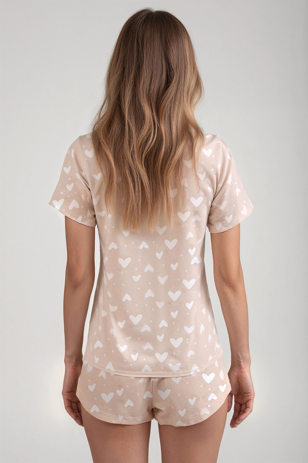 Vivisence Women Pyjama Set V Neck Short Sleeve Cotton Jersey Comfort Sleep, light beige