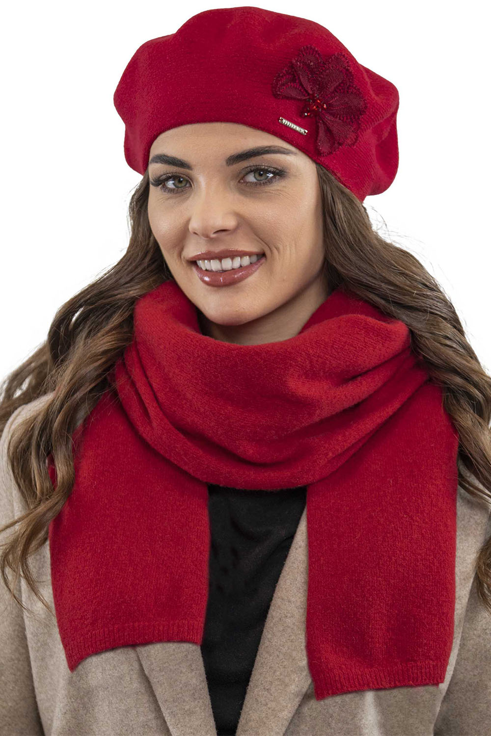 Vivisence Béret Femme Avec Appliqué Floral En Fil Idéal Pour Les Journées 7036, rouge