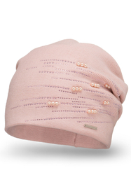 Vivisence Women's Hat Knitted Warm With Fleece Zirconia Pearls Elegant Winter 7012, light pink