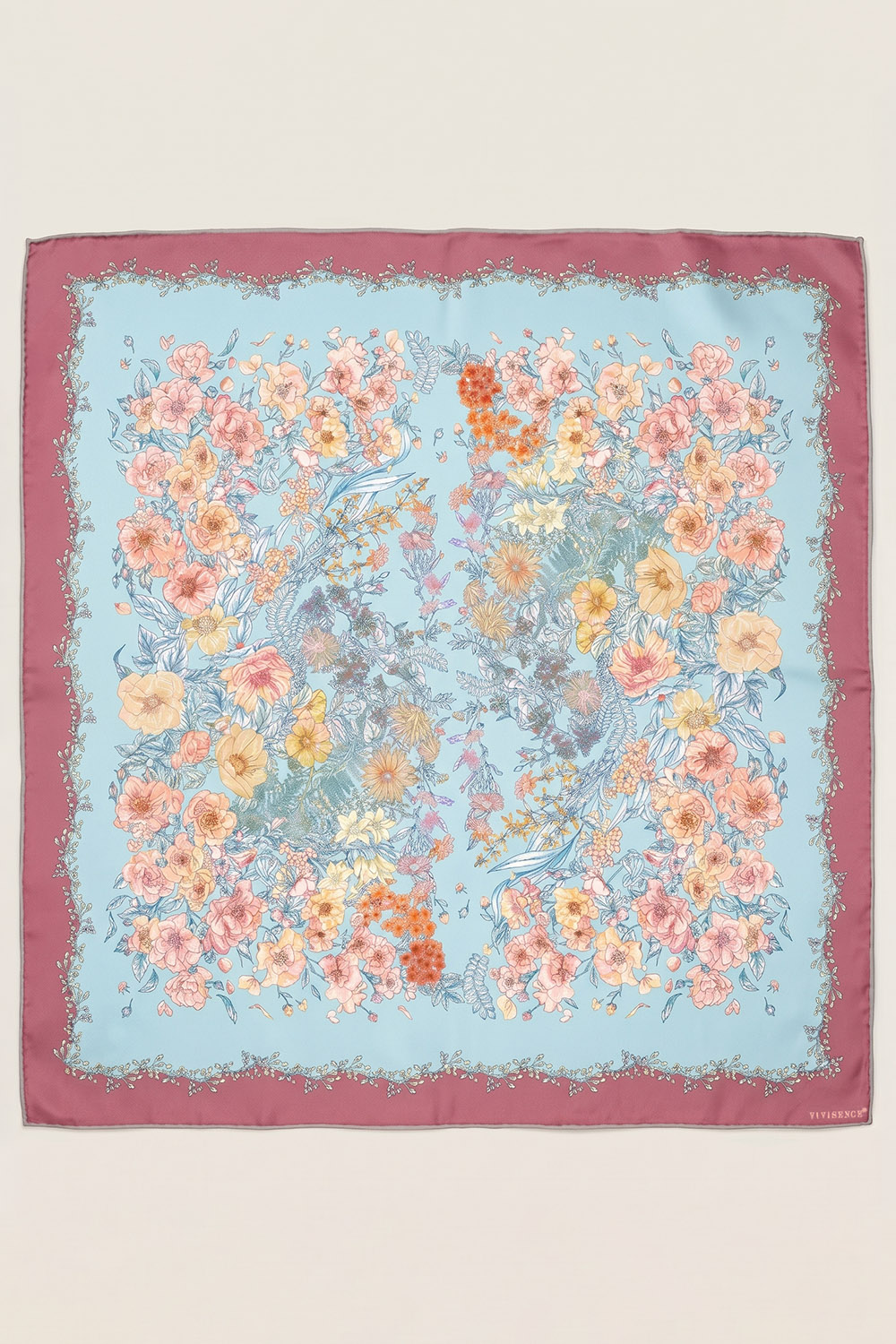 Vivisence Carré de Soie Femme 65 x 65 cm, Foulard en Soie Naturelle 14 Momme, Bords Roulottés à la Main, Motif Floral Bleu Ciel/Rose, Bleu ciel/Rose