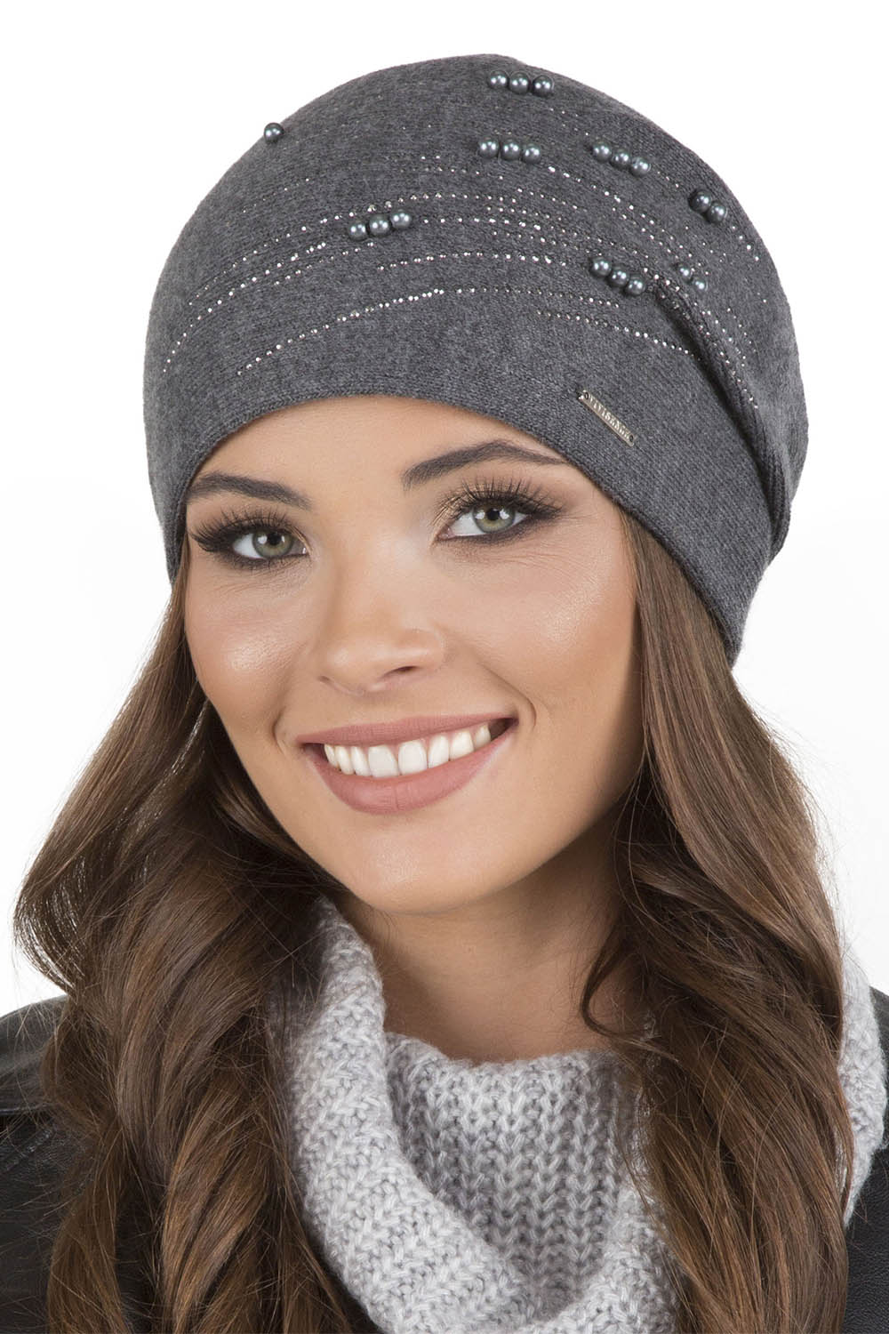 Vivisence Bonnet Femme Tricoté Chaud En Polaire Avec Perles Élégantes 7012, gris foncé