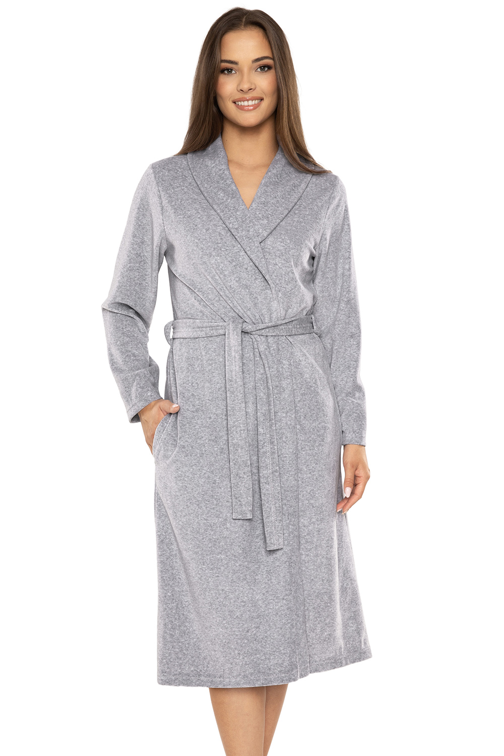 Vivisence Peignoir Femme Long Ceinture Poches Doux Classique Maison 5022, gris