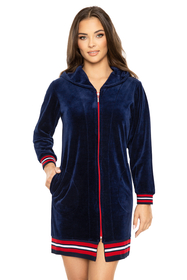 Vivisence Femme Peignoir Court Capuche Zippé Douillet Poches Bord Côtes 5018, noir foncé-rouge