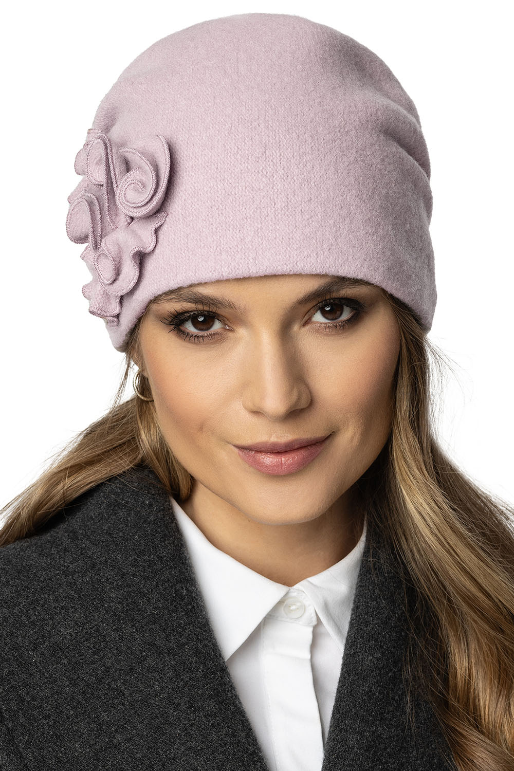 Vivisence Bonnet Femme Élégant En Laine Vierge Brodé Main Pour L’Hiver 7076, rose clair