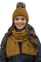 Vivisence Stylish Women's Winter Set Hat With Pompom And Warm Fleece Lining Paired With Classic Matching Scarf Made From Soft And Warm Fabric Perfect For Cold Weather, dark yellow