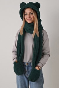 KiddyMoon Damen 3-In-1 Teddybär Kapuze Schal Und Fäustlinge One Size, flaschengrün